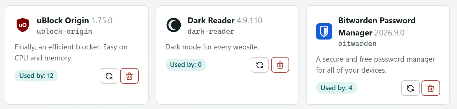 Add-ons page with uBlock Origin, Dark Reader and Bitwarden