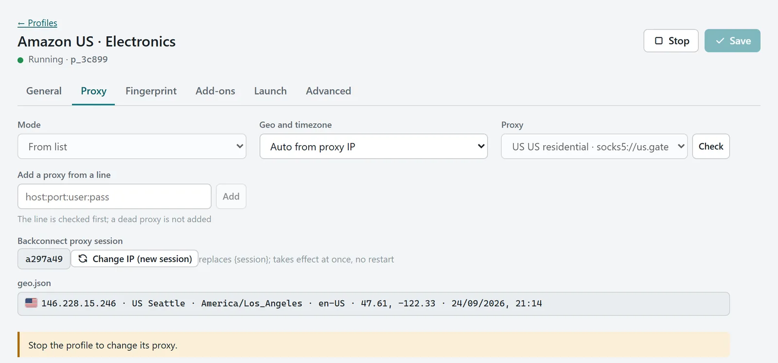 Profile editor, Proxy tab: a residential proxy with its own session and the exit location