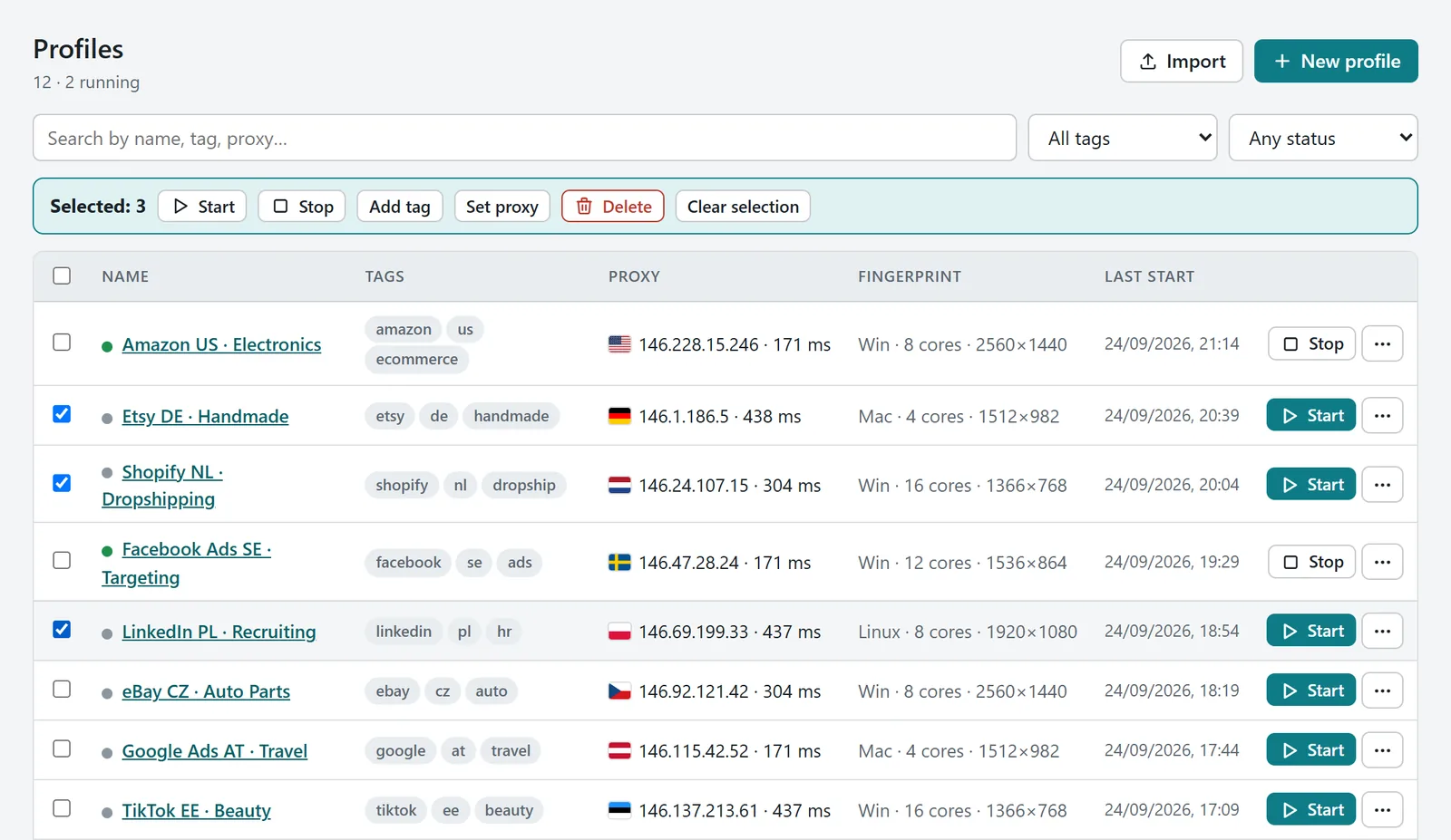 Profile list with three profiles selected and the bulk action bar